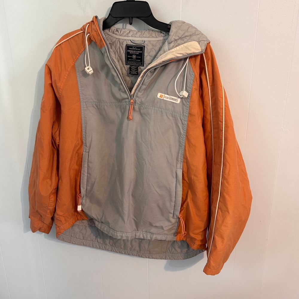 American Eagle Performance Anorak Jacket Orange Grey Quilted Pullover Womens M